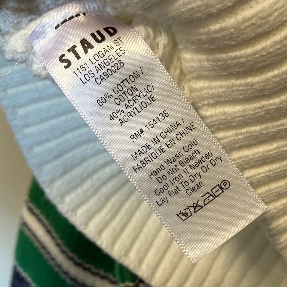 STAUD Cliff White Cropped Knit Sweater with Green & Navy Sleeve Accents - Picture 8 of 9